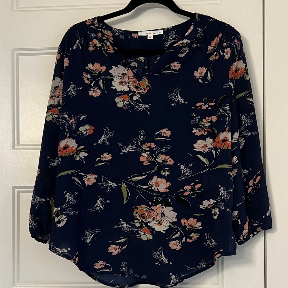 Fun 2 Fun Dark Blue Floral Blouse